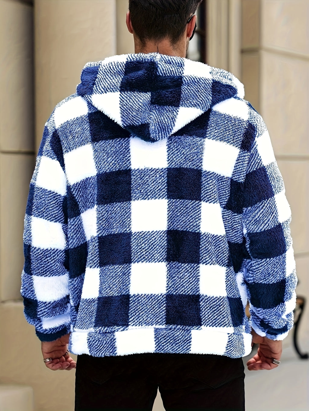 Men's Plaid Print Thermal Lined Hooded Long-Sleeve Casual Short Top, Autumn/Winter Flannel Short Top for Outings, a Gift for Friends, Husbands, or Boyfriends