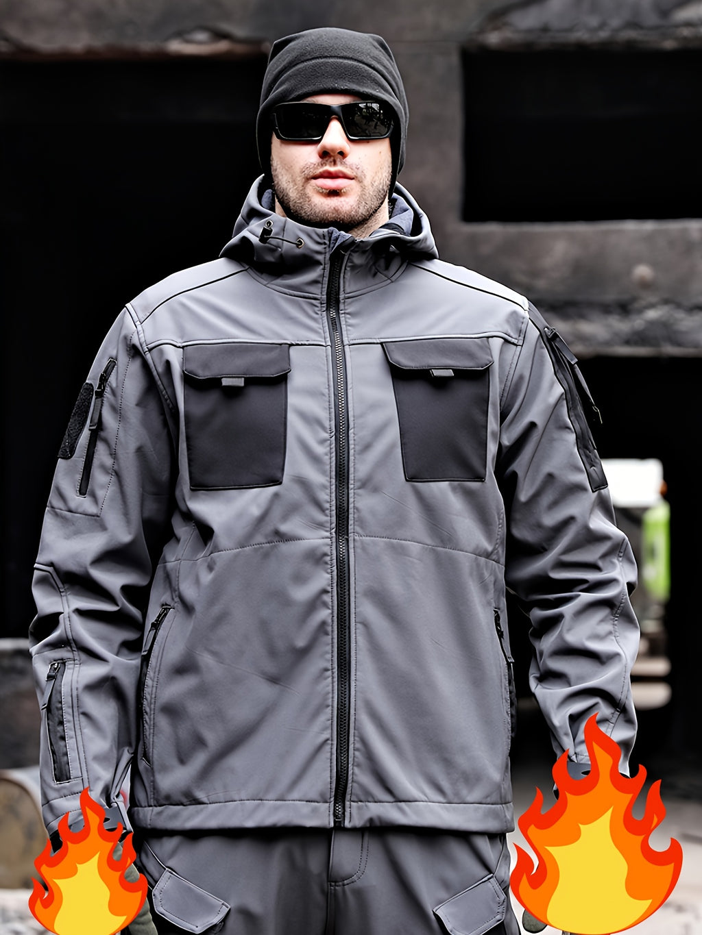 Winter Shark Skin Softshell Hooded Jacket Multi-pocket Tactical Windbreaker for Outdoor Adventures -lined Thermal Fabric Ideal for Snowy Weather and Hiking ExcursionsWinter Shark Skin Softshell Hooded Jacket Multi-pocket Tactical Windbreaker Fo