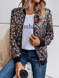 Elegant Sequin-Adorned Jacket for Women - Chic Zip-Up Bomber Style with Baseball Collar, Long Sleeves, and Colorful Dot Pattern - Perfect for Spring/Fall, Non-Stretch Polyester Fabric