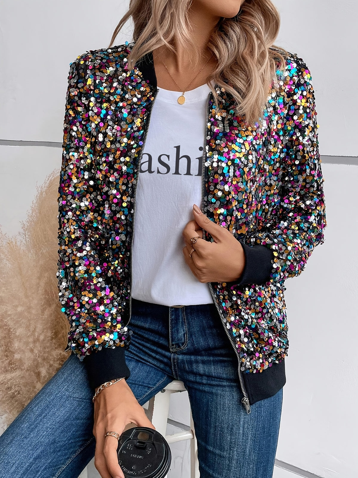 Elegant Sequin-Adorned Jacket for Women - Chic Zip-Up Bomber Style with Baseball Collar, Long Sleeves, and Colorful Dot Pattern - Perfect for Spring/Fall, Non-Stretch Polyester Fabric