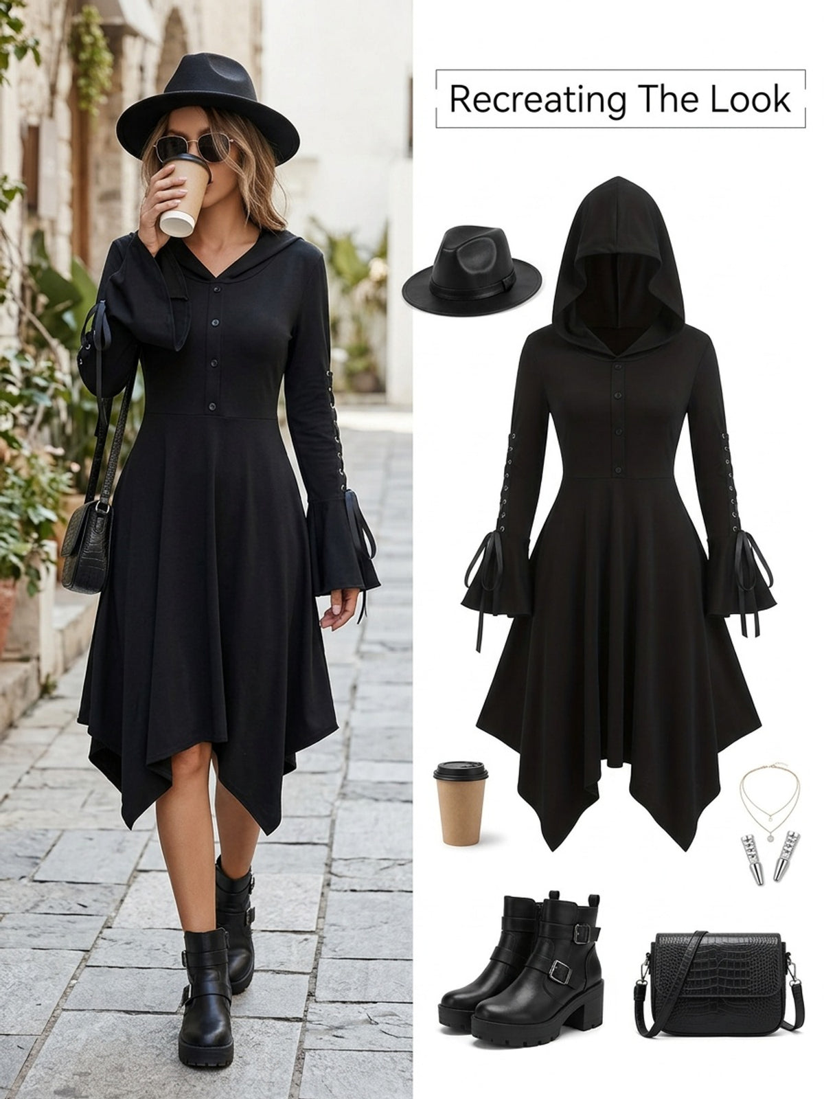 Long-Sleeve Dress with Hood • Square Bottom • Flared Sleeves with Ties