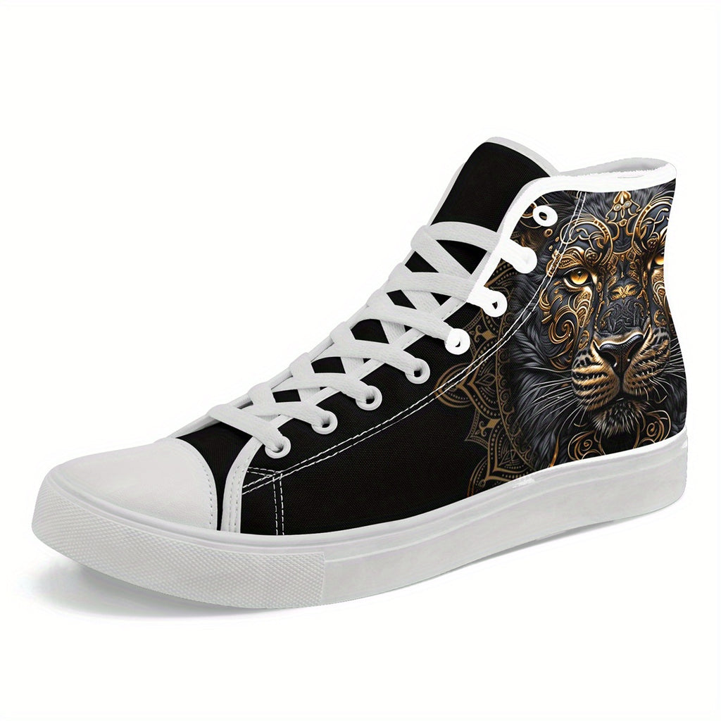 Men'S High Top Sneakers with Golden Lion Mandala Design, Street Style Shoes for Casual Wear, Walking And Urban Fashion, Comfortable Stylish Durable Couple Shoes, Perfect Gift for Fashion Lovers
