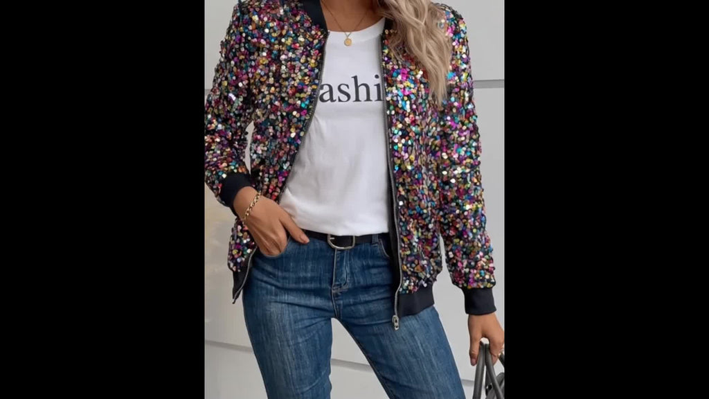 Elegant Sequin-Adorned Jacket for Women - Chic Zip-Up Bomber Style with Baseball Collar, Long Sleeves, and Colorful Dot Pattern - Perfect for Spring/Fall, Non-Stretch Polyester Fabric