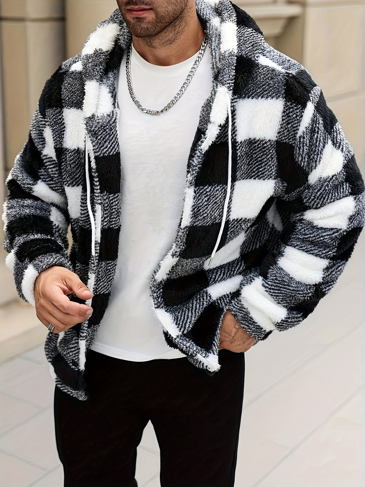 Men's Plaid Print Thermal Lined Hooded Long-Sleeve Casual Short Top, Autumn/Winter Flannel Short Top for Outings, a Gift for Friends, Husbands, or Boyfriends