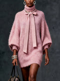 Women's Fashion Cashmere Sweater with Large Bow Detail, Spliced Wide Sleeve Dress, Elegant Pullover, Casual Party Commute Pretty Comfortable Long Top, Pink Sexy Women's Mini Skirt