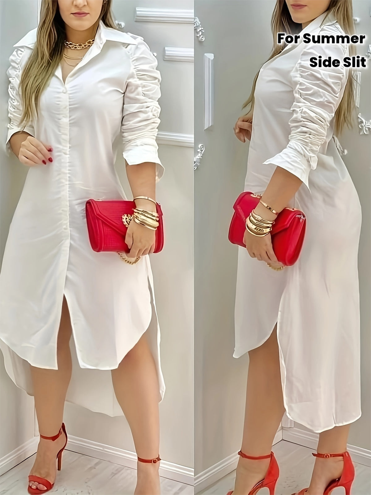 Elegant White Button-Up Shirt Dress with Ruffled Sleeves and Side Slit - Perfect for Spring/Summer, Casual to Formal Wear, Casual Attire|Ruffled Sleeve Dress|Sophisticated Style