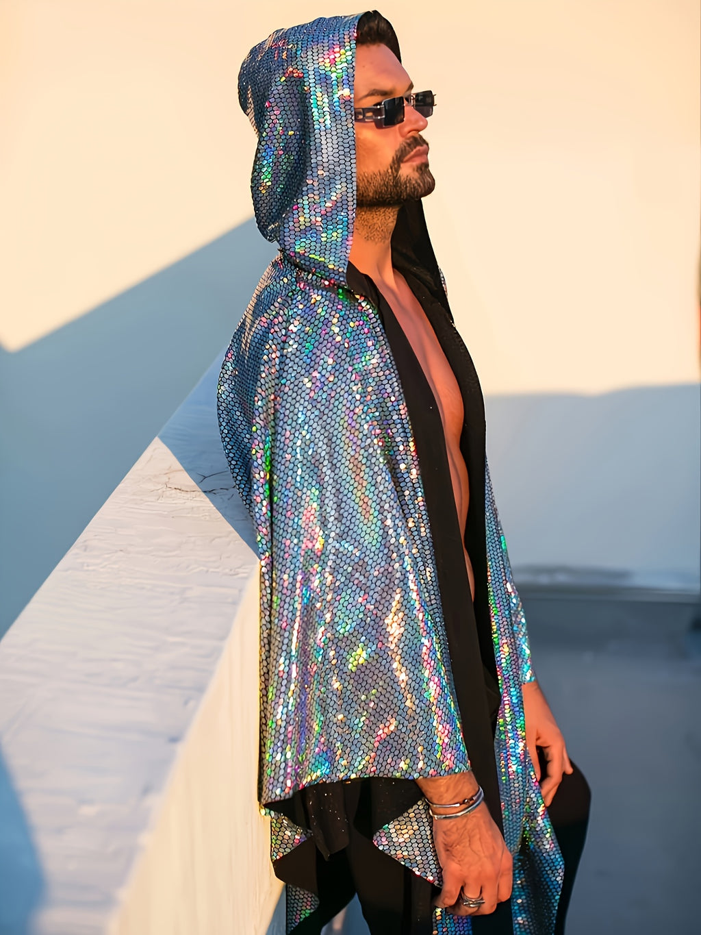 Men'S Loose Laser Sequin Hooded Shawl | Nightclub, Rave, Music Festival Apparel with Contrast Sequin Details And Slight Stretch Fabric