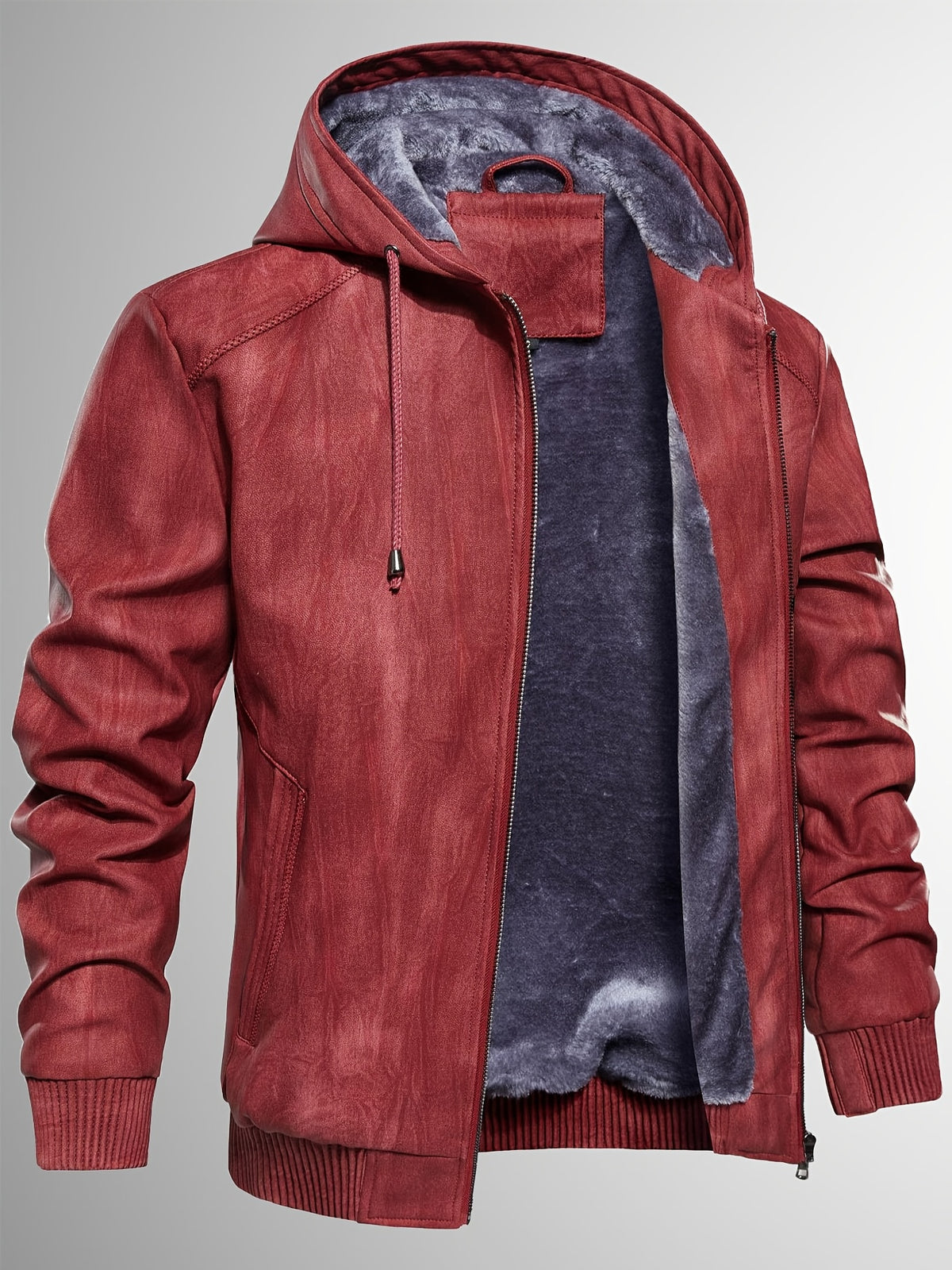 Men's Sherpa Lined PU Leather Jacket Warm Winter Hooded Motorcycle Jacket High Quality And Windproof Leather Biker Jacket Drawstring