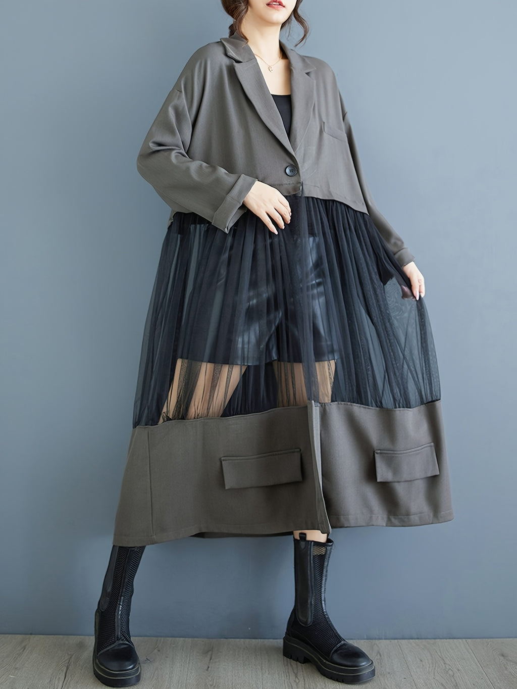 Medium-Long Stylish Spliced Suit Mesh Hollow Long-Sleeved Slim-Fit Jacket Retro Solid Color Outerwear Spliced Trench Coat