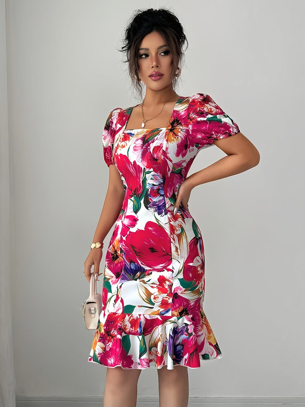 Elegant Square Neck Puff Sleeve Cinched Waist Ruffled Retro Vacation Floral Dress
