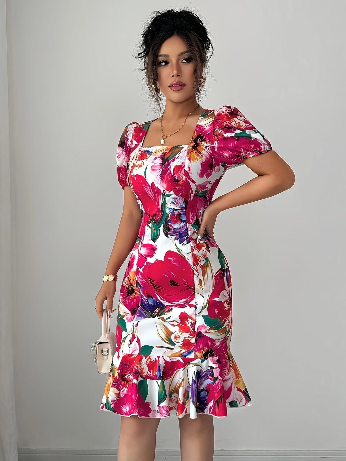 Elegant Square Neck Puff Sleeve Cinched Waist Ruffled Retro Vacation Floral Dress