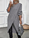 Stylish Knitted Dress, Round Neck Knitted Long Dress, Slit Design, Irregular Skirt, Women's Clothing