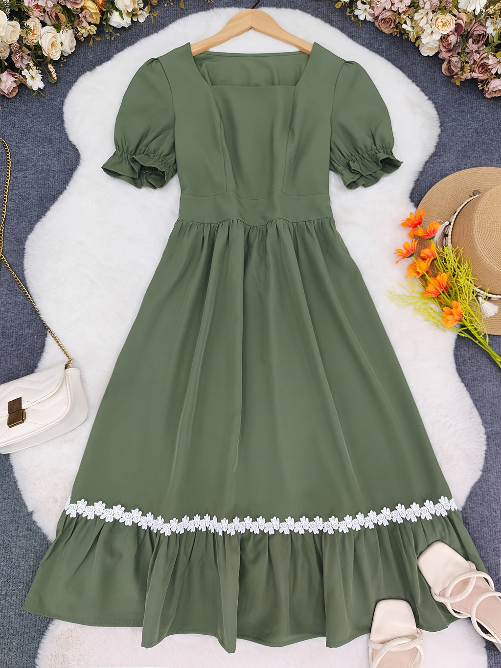 Women's Ombre Color Casual Elegant Vacation Wrap-Front Waist-Cinching A-Line Lace Trim Dress