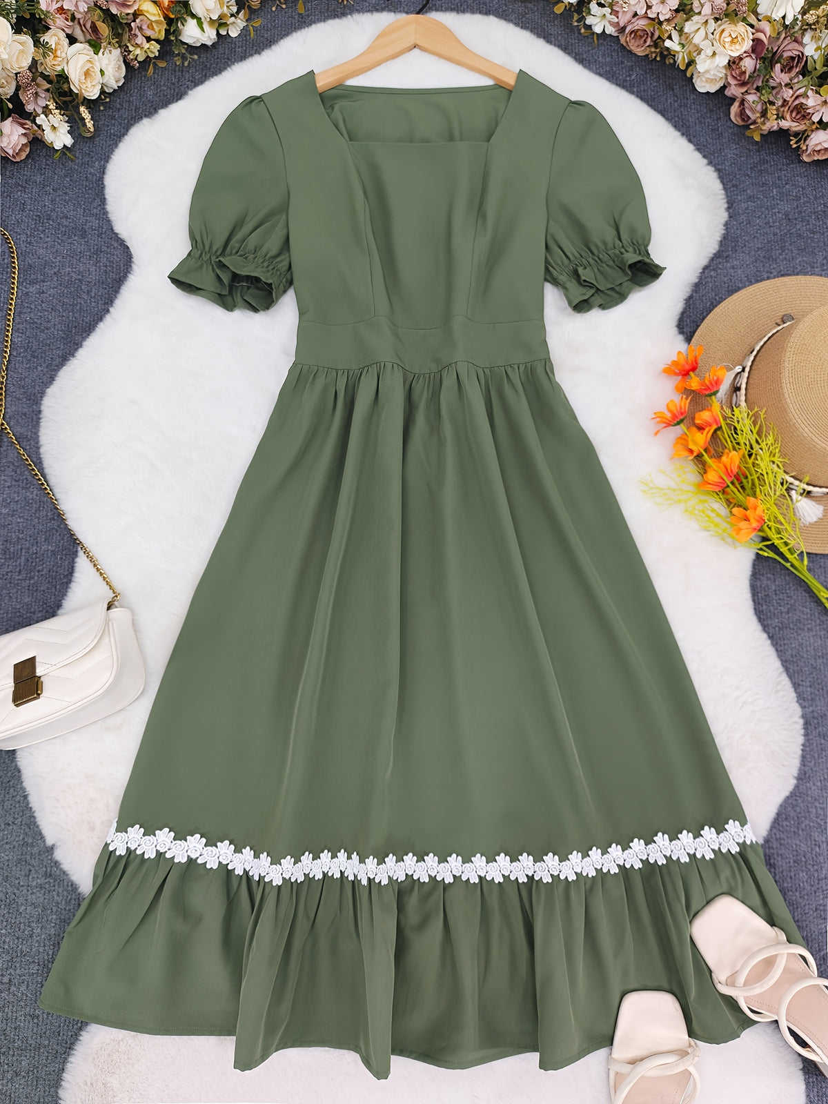 Women's Ombre Color Casual Elegant Vacation Wrap-Front Waist-Cinching A-Line Lace Trim Dress