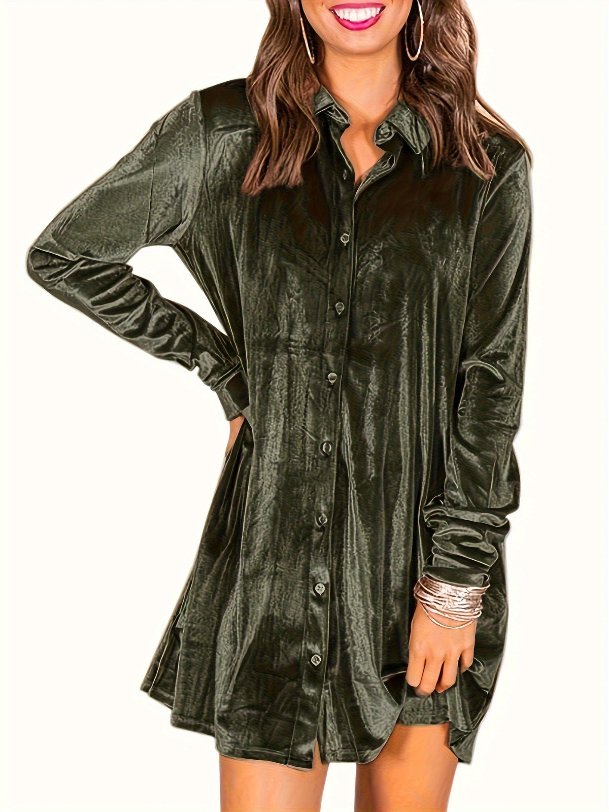 Women's Elegant Lapel Collar Button- Dress - Mini Length Long Sleeve Solid Color Tunic Top Dress Suitable for Parties, Office & Semi-Formal Events