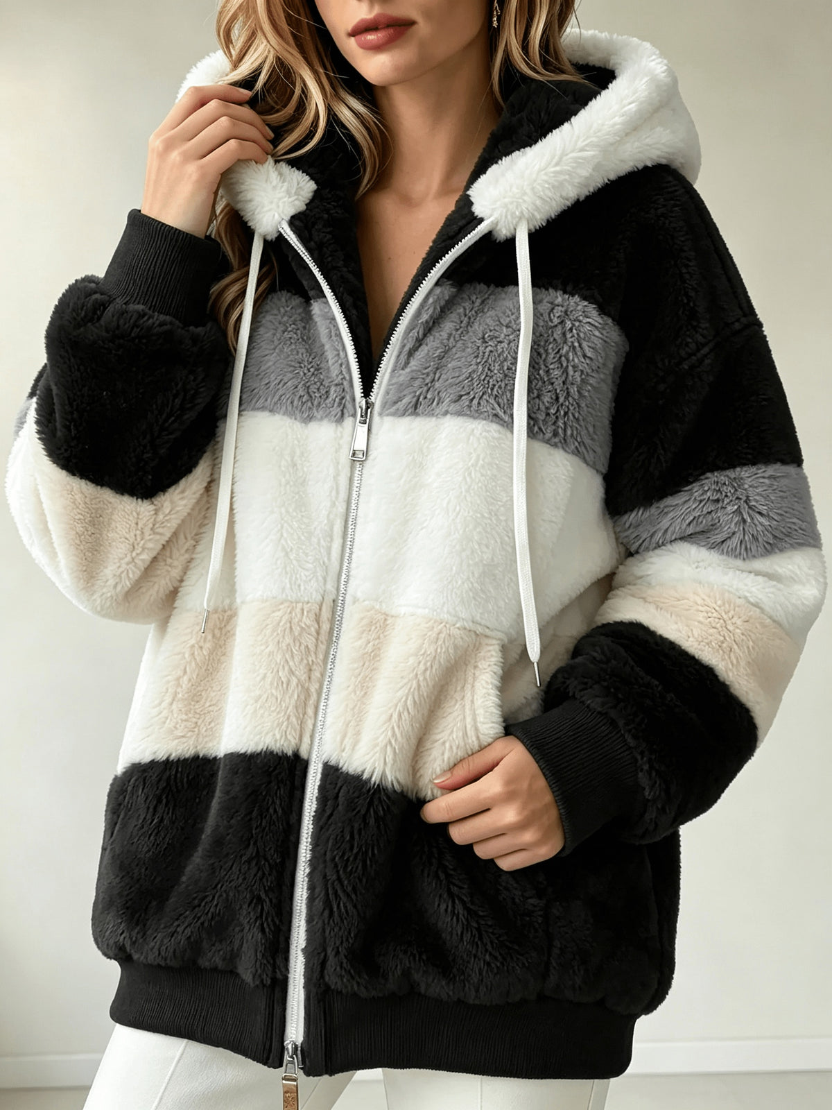 Women's Coats, Women's Color-block Striped Hooded Zip Teddy Coat, Loose Outerwear Made Of Fluffy Faux with Multi-tone Splicing, Drawstring Hood with Pockets, Warm Plush Coat for Winter