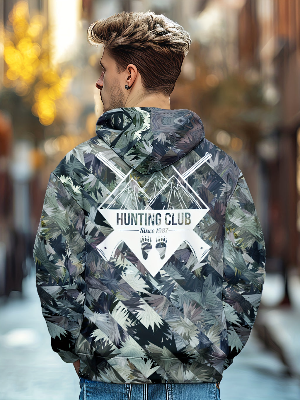 Men'S Autumn Winter Leaf Print Casual Matching Fleece Lined Zip-Up sweatshirt, Hunting