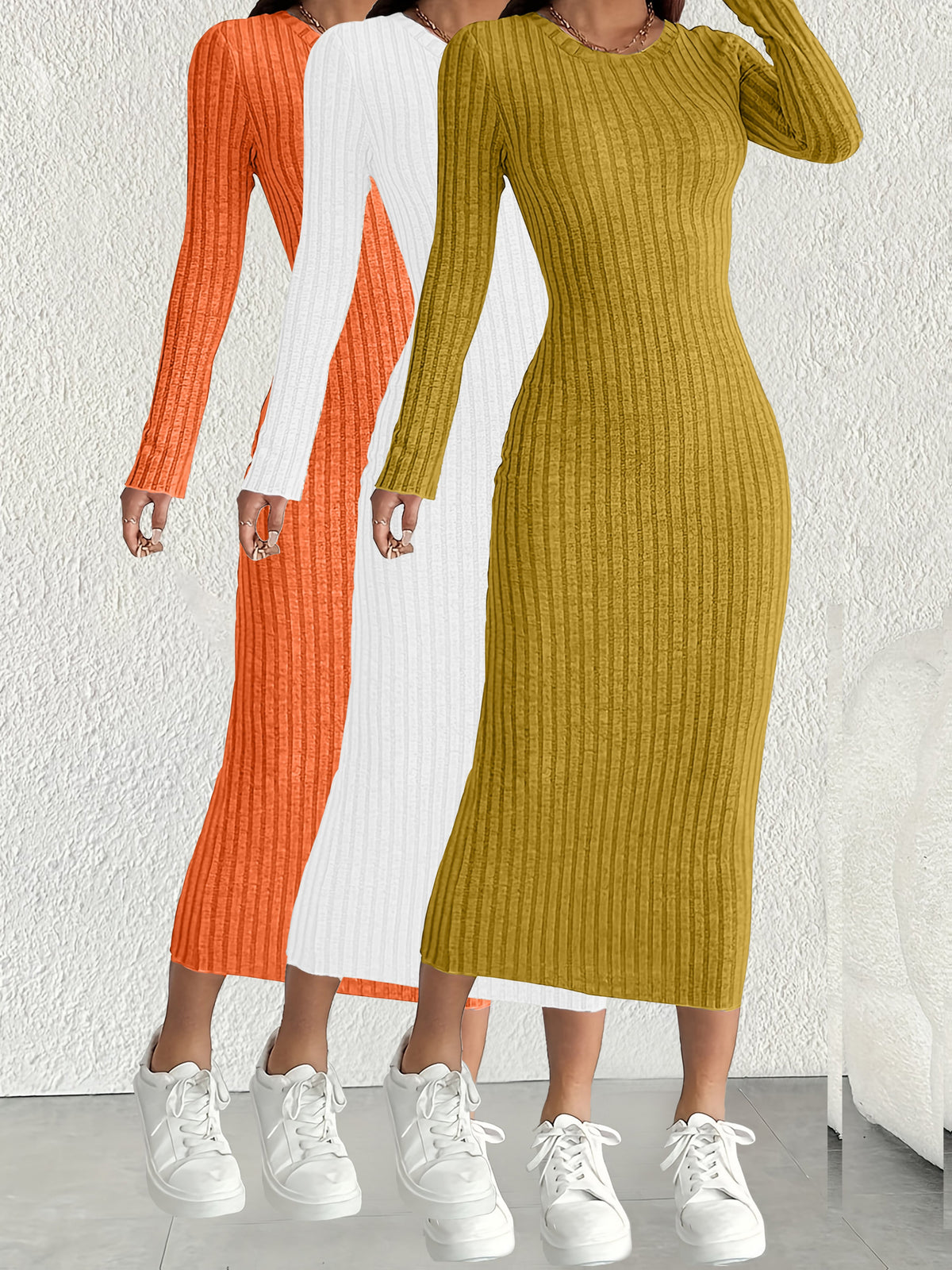 3pcs Solid Color Long Sleeve Ribbed Pullover Dress for Women