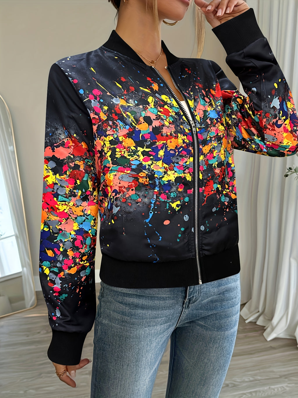 Women'S Lightweight Casual Jacket - Vibrant Tie-Dye Print, Stand Collar, Zip-Up, Long Sleeve, Perfect for Spring/Fall, Spring Jacket | Vibrant Print Jacket | Zippered Jacket