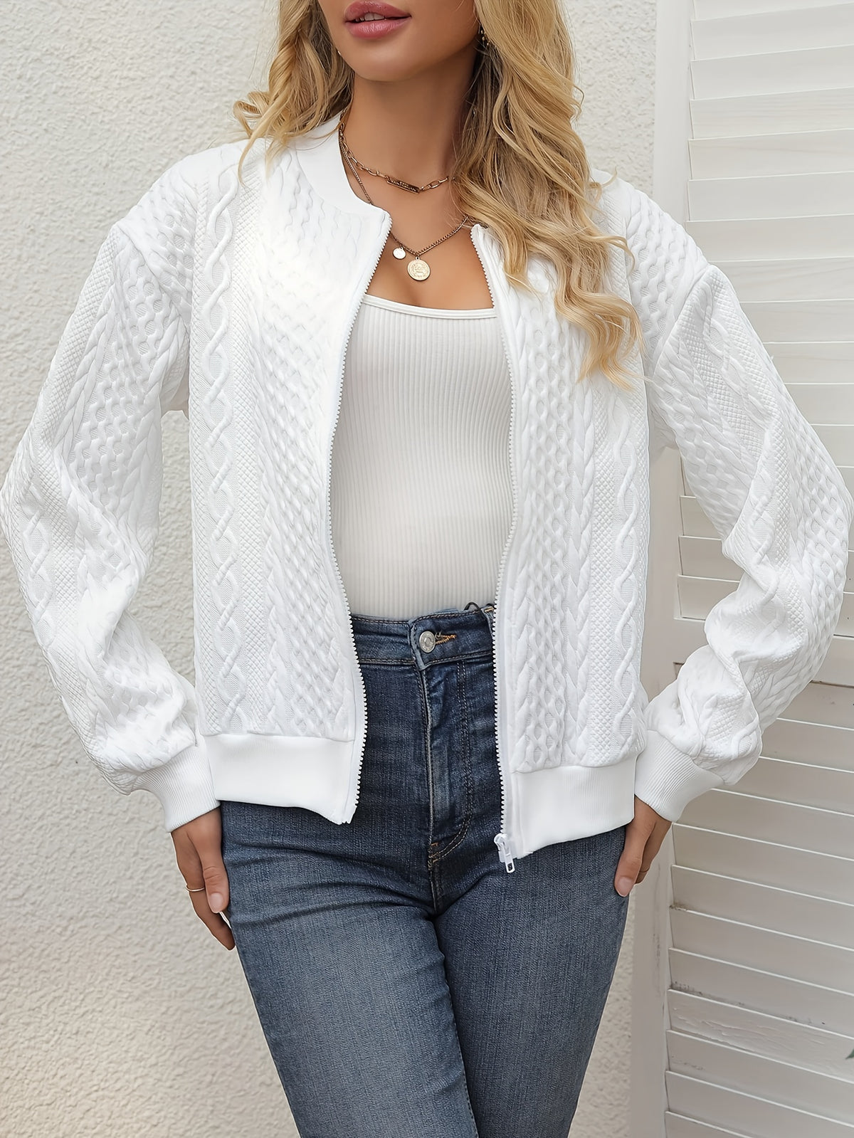 New Fashion Women'S Solid Color Casual Full-Zip Jacket for Early Autumn, Featuring a Jacquard Baseball Collar, Perfect for Autumn And Winter, Easy And Versatile Long-Sleeve Outerwear