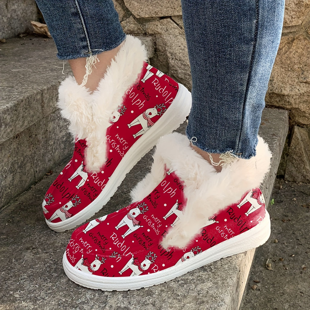 Christmas Autumn/Winter New Red Faux Fur Boots for Men and Women, Classic Style with Christmas Snowflake and Reindeer Gift Print, Warm, Comfortable, Lightweight, Soft-Sole Slip-On Flat Casual Shoes