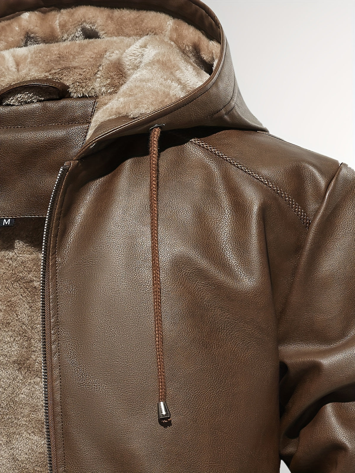 Men's Sherpa Lined PU Leather Jacket Warm Winter Hooded Motorcycle Jacket High Quality And Windproof Leather Biker Jacket Drawstring