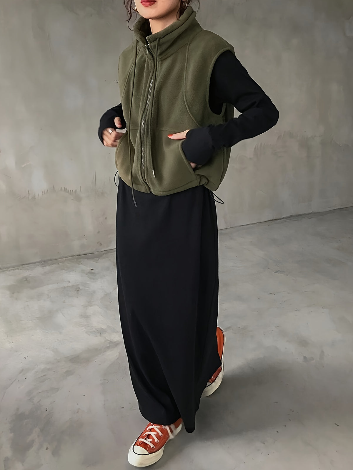 Drawstring Pocket Zipper Casual Vest