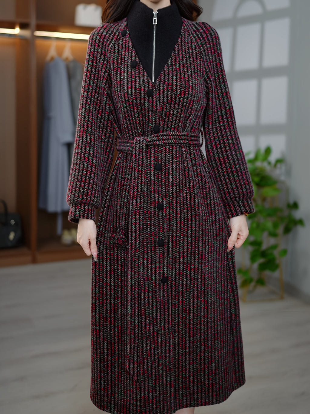 This Women'S High-Neck Zip-Up Faux Two-Piece Mink Velvet Dress Features a Removable Waist Tie Design for a Fitted Look. It'S a Long-Sleeve Dress Suitable for Spring, Autumn, And Winter, Providing Warmth As a Base Layer. Perfect for Casual Outings