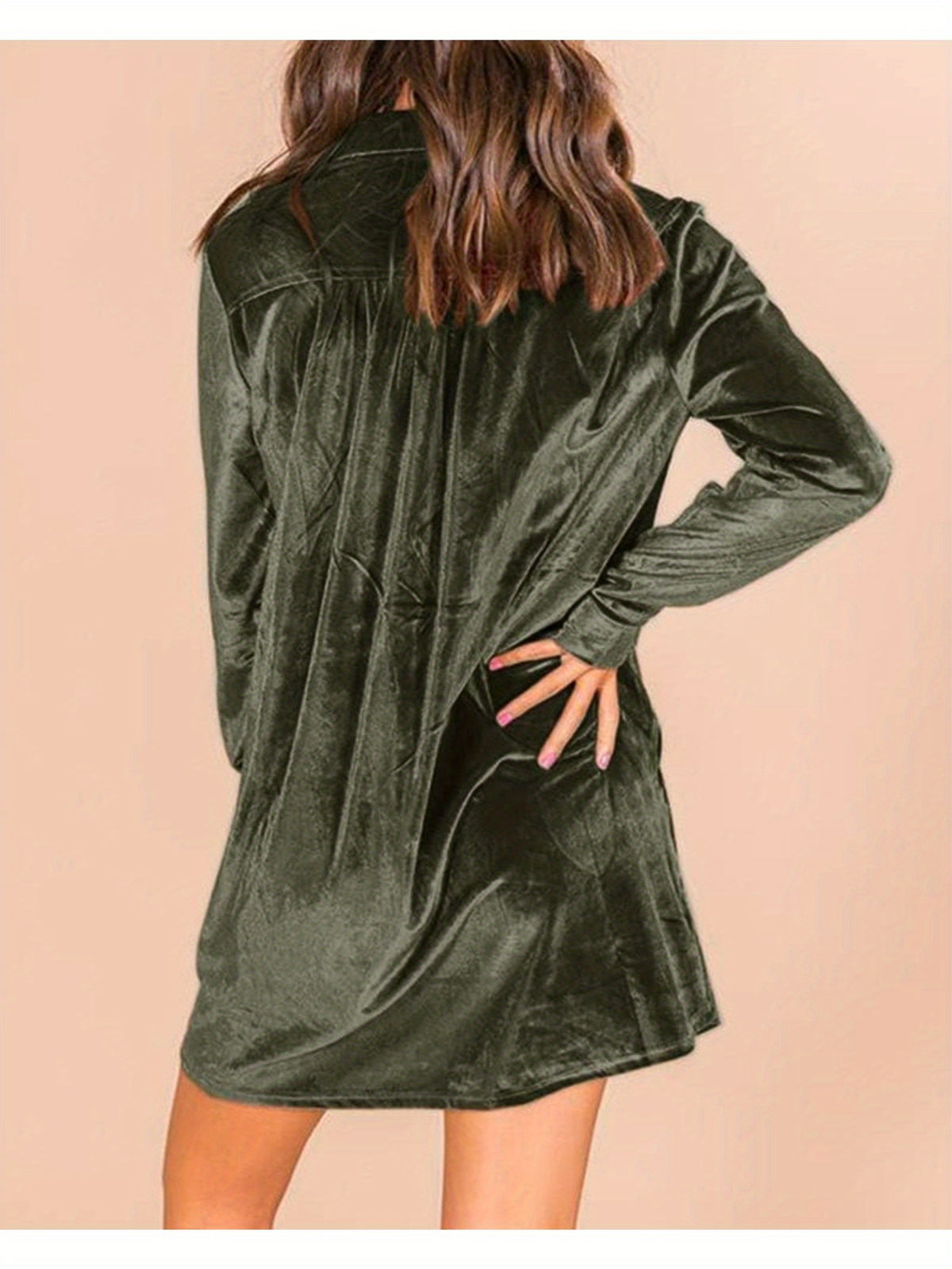 Women's Elegant Lapel Collar Button- Dress - Mini Length Long Sleeve Solid Color Tunic Top Dress Suitable for Parties, Office & Semi-Formal Events