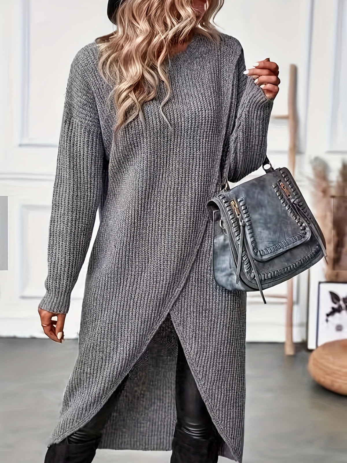 Stylish Knitted Dress, Round Neck Knitted Long Dress, Slit Design, Irregular Skirt, Women's Clothing