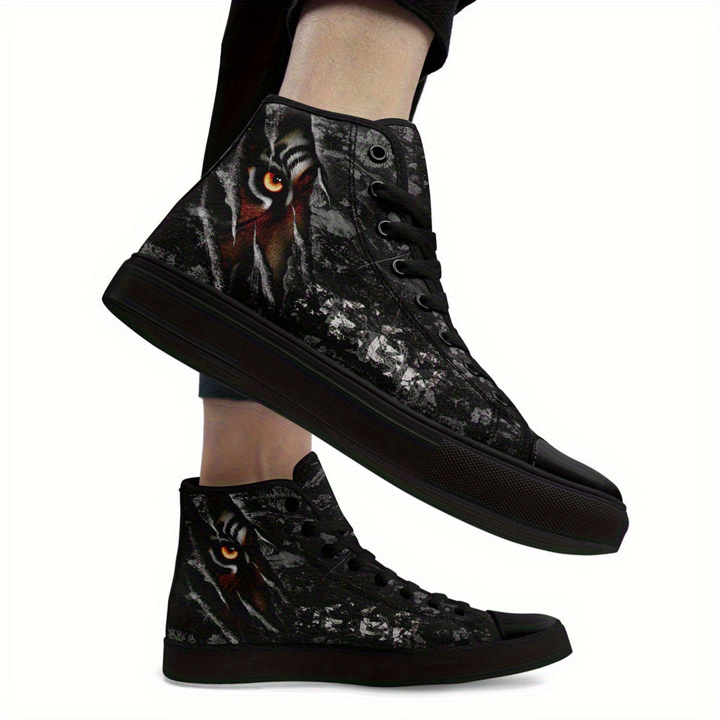 Men's Gothic Punk Sneakers - High-Top Shoes with Lace-Up Closure, Non-Slip Rubber Sole - All-Season Streetwear Footwear for Concerts, Parties, Everyday Edgy Fashion - Gothic Tiger-like Graphic Trainers, Casual Streetwear, Durable Traction Sole