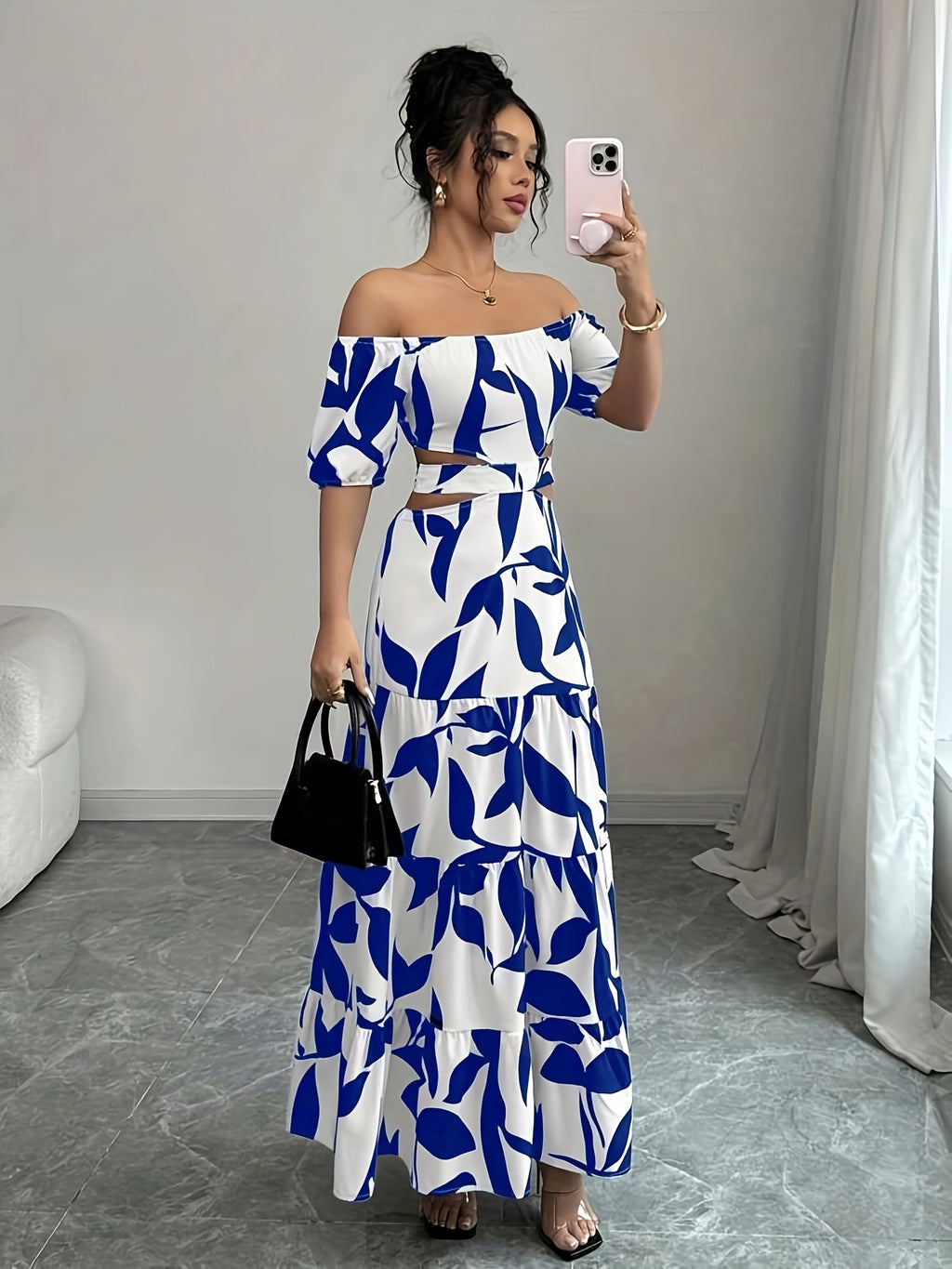Women'S Off-Shoulder Floral Print Maxi Dress with Belt - Elegant Asymmetrical Hem, Sleeveless Vacation Dress in Black & White Floral Pattern, Lightweight Polyester for Summer Getaways, Cute Summer Dresses