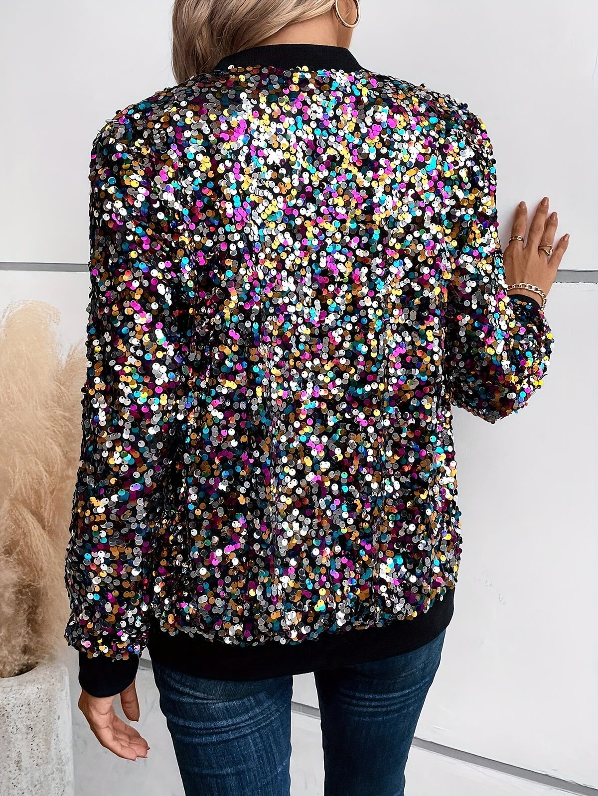 Elegant Sequin-Adorned Jacket for Women - Chic Zip-Up Bomber Style with Baseball Collar, Long Sleeves, and Colorful Dot Pattern - Perfect for Spring/Fall, Non-Stretch Polyester Fabric
