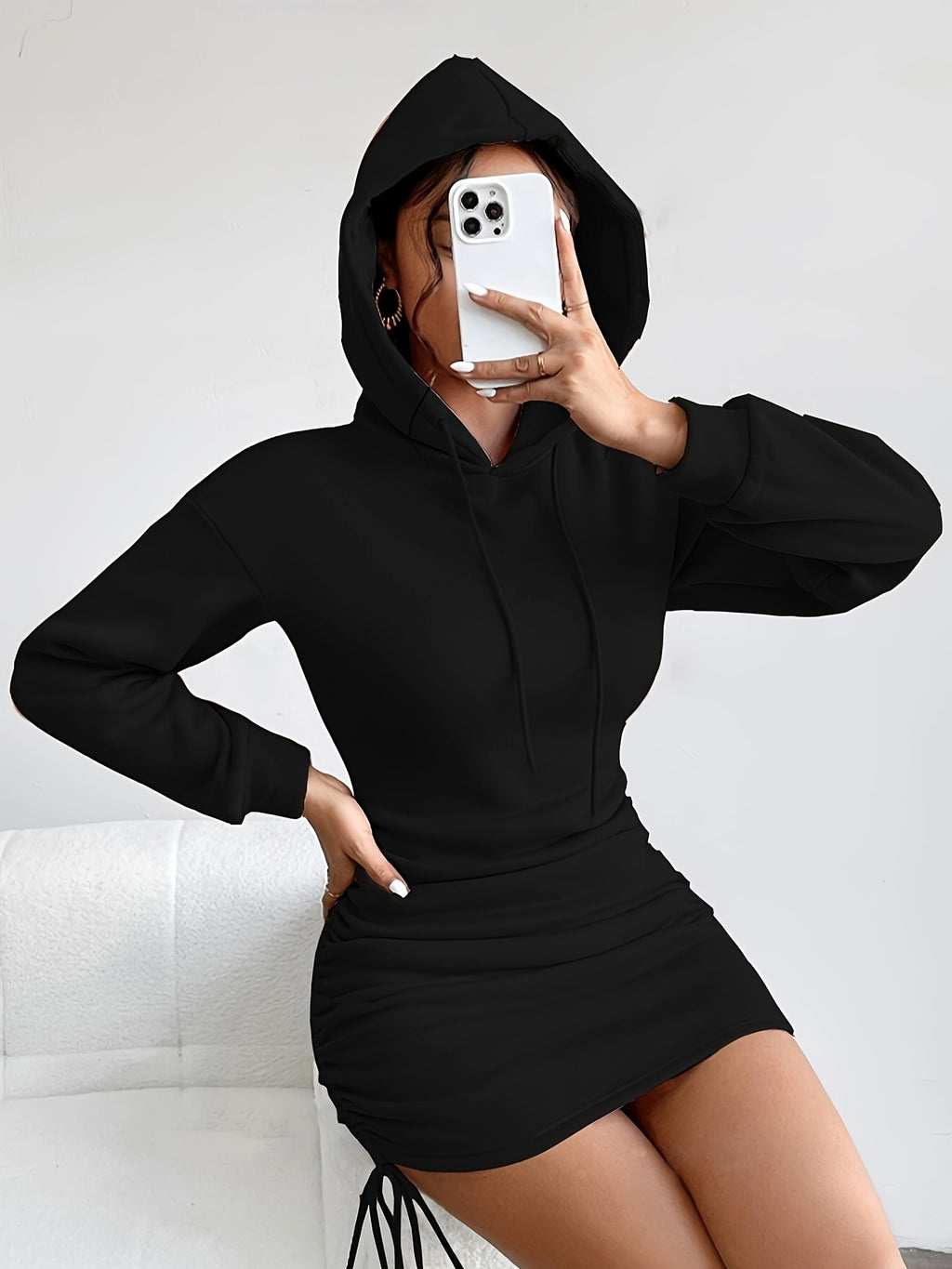 Youduomi Women's Vintage-Style European/American V-Neck Hooded Long-Sleeve Dress, Spicy Spring/Autumn Outerwear, Drawstring Gathered Waist, Slim-Fitting, Hip-Hugging Mini Dress Q148