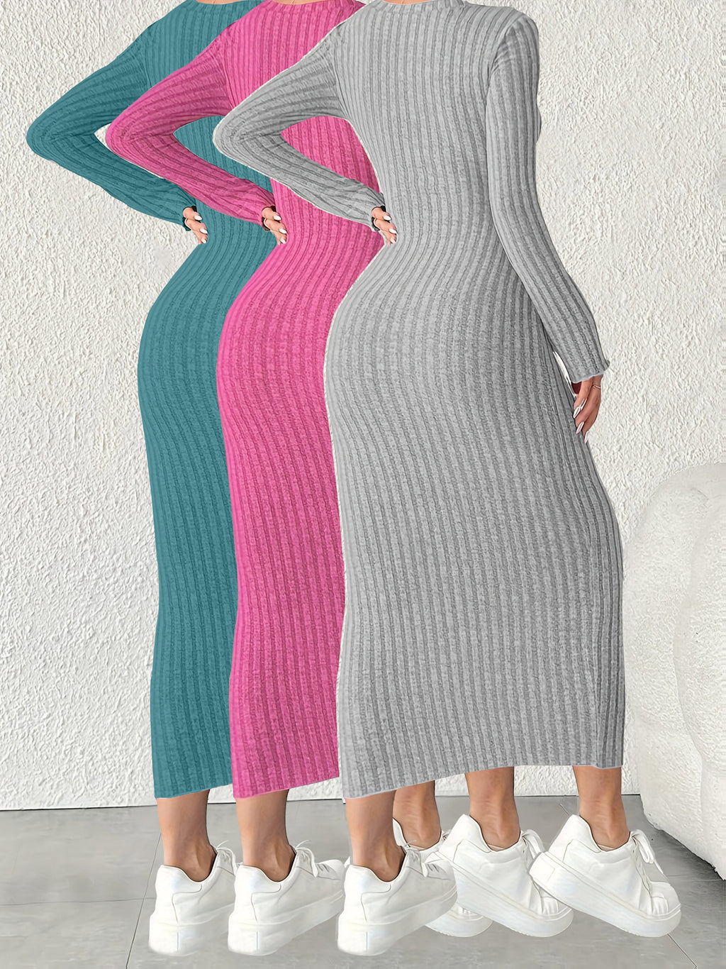 3pcs Solid Color Long Sleeve Ribbed Pullover Dress for Women