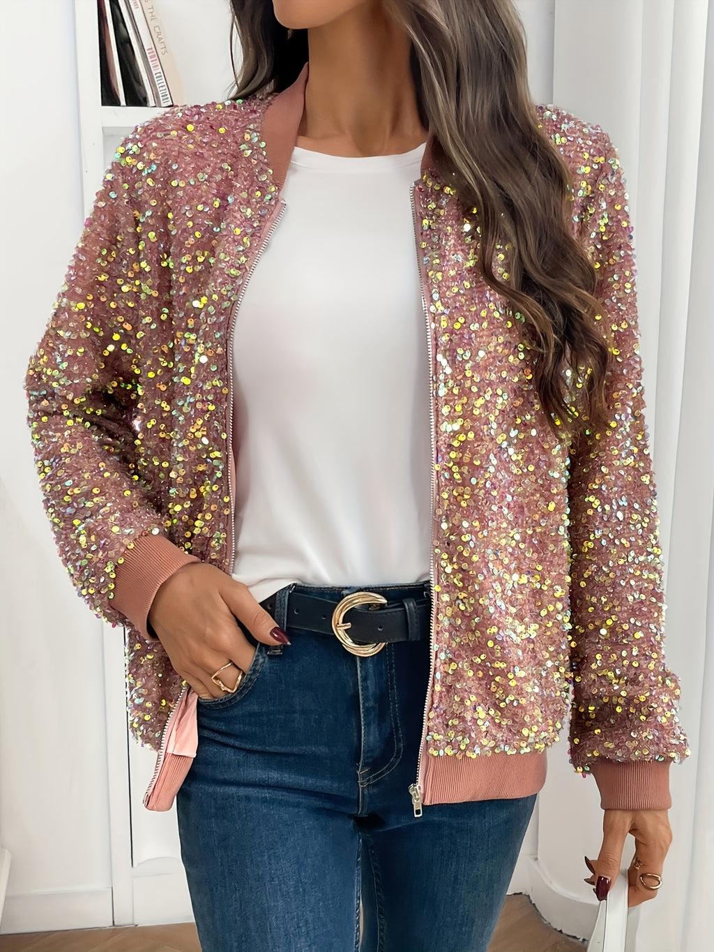 Elegant Sequin-Adorned Jacket for Women - Chic Zip-Up Bomber Style with Baseball Collar, Long Sleeves, and Colorful Dot Pattern - Perfect for Spring/Fall, Non-Stretch Polyester Fabric