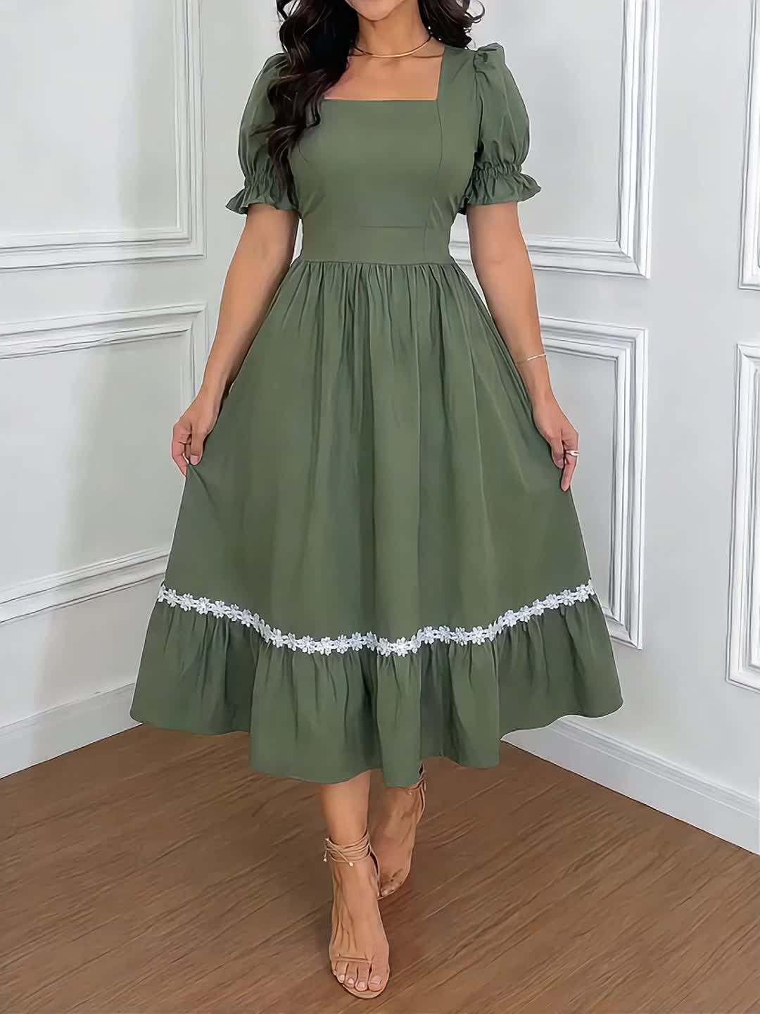 Women's Ombre Color Casual Elegant Vacation Wrap-Front Waist-Cinching A-Line Lace Trim Dress