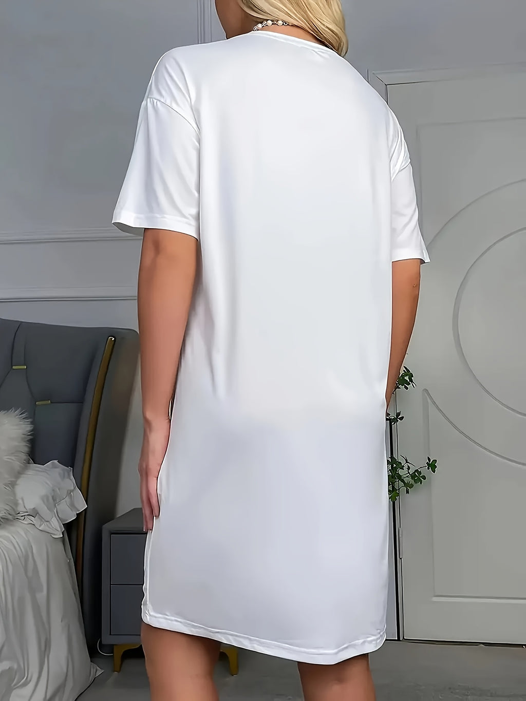 Women'S Good Night Moon and Star Print Casual Dress, Round Neck, Short Sleeve, Loose Fit, Breathable, All-Season Nightwear, Suitable for Bedroom and Home Wear- Overseas Printing