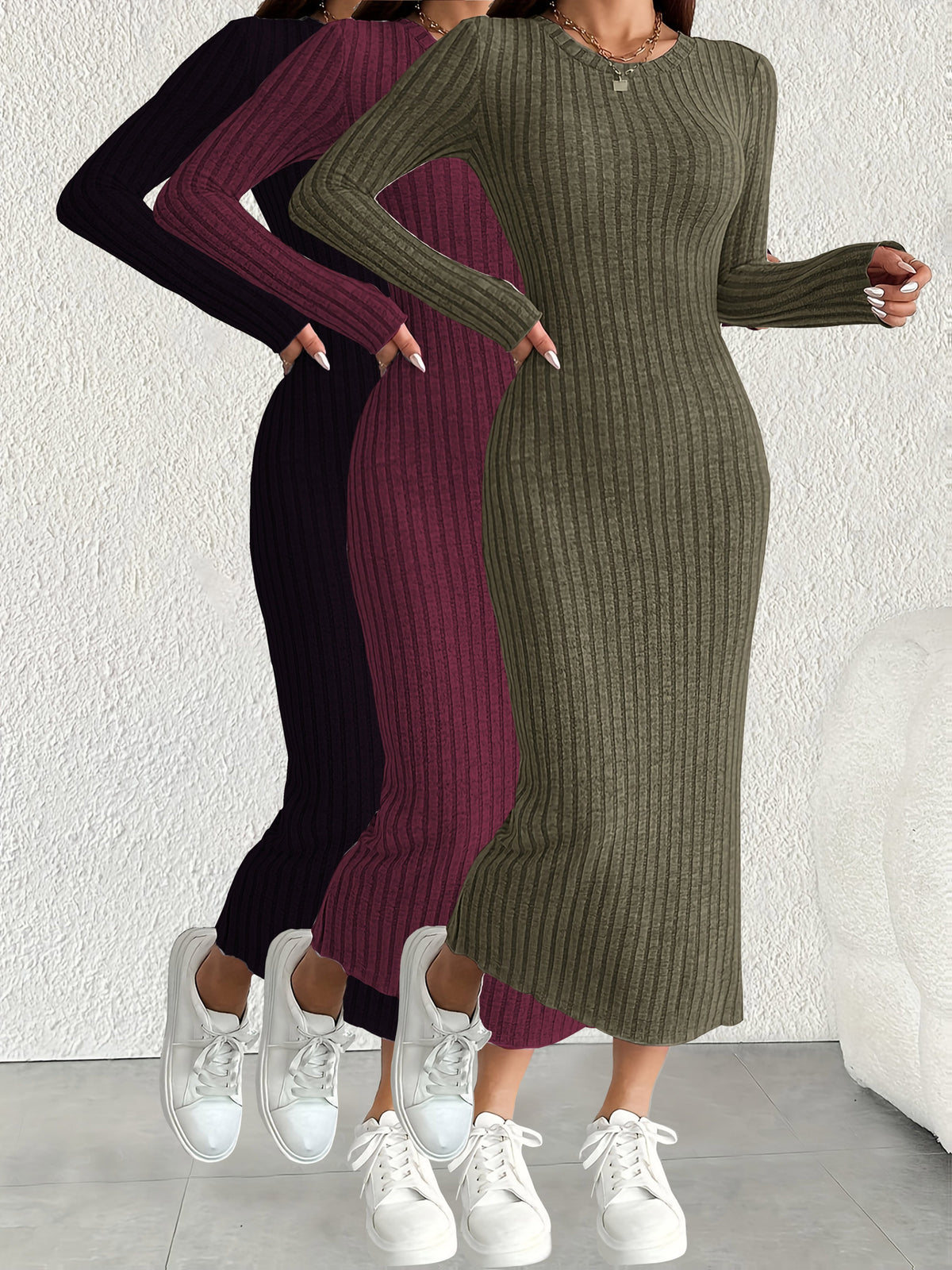 3pcs Solid Color Long Sleeve Ribbed Pullover Dress for Women