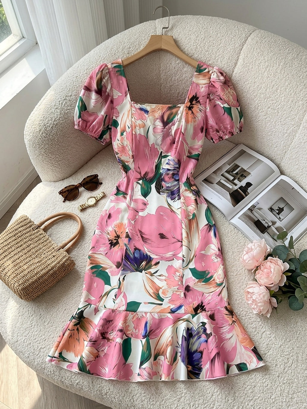 Elegant Square Neck Puff Sleeve Cinched Waist Ruffled Retro Vacation Floral Dress