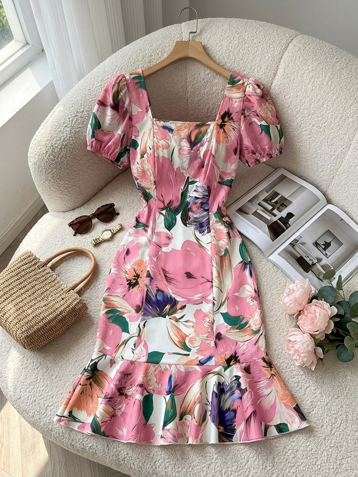 Elegant Square Neck Puff Sleeve Cinched Waist Ruffled Retro Vacation Floral Dress