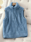 Autumn Winter New Product, Solid Color Double-Faced Fleece Vest, Women'S Casual Faux Coat, Stand Collar Zipper Design with Pockets, Winter Jacket for Comfortable Wear in Autumn And Winter