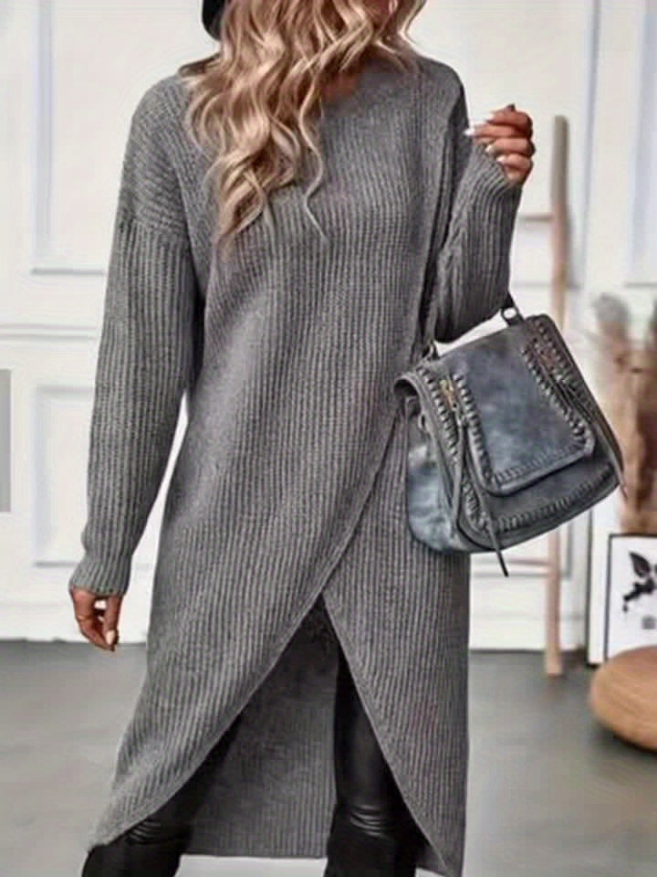 Stylish Knitted Dress, Round Neck Knitted Long Dress, Slit Design, Irregular Skirt, Women's Clothing