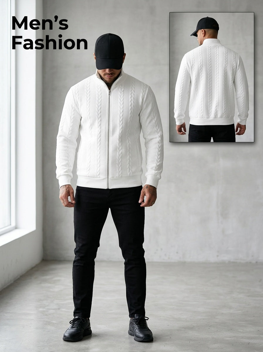 Men's Fashion Casual Elegant Medium Stretch Cardigan, Men's Casual Full-Zip Cardigan, Spring/Autumn Jacquard Casual Jacket with Jacquard Design, Suitable for All-Season Wear, Ideal for Casual and Formal Outfits, Fashionable Jacquard with Striped Knit