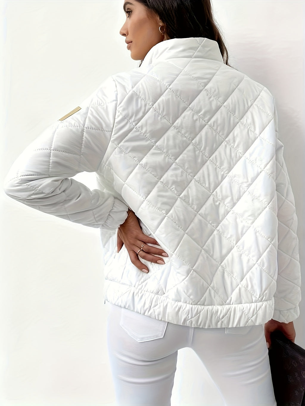 White Checkered Baseball Uniform Women'S Short Length Zipper Patchwork Design Soft Comfortable Daily Street Fashion Choice