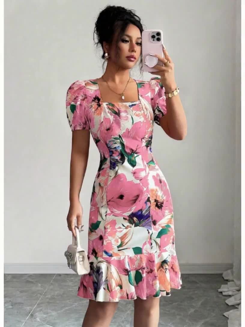 Elegant Square Neck Puff Sleeve Cinched Waist Ruffled Retro Vacation Floral Dress