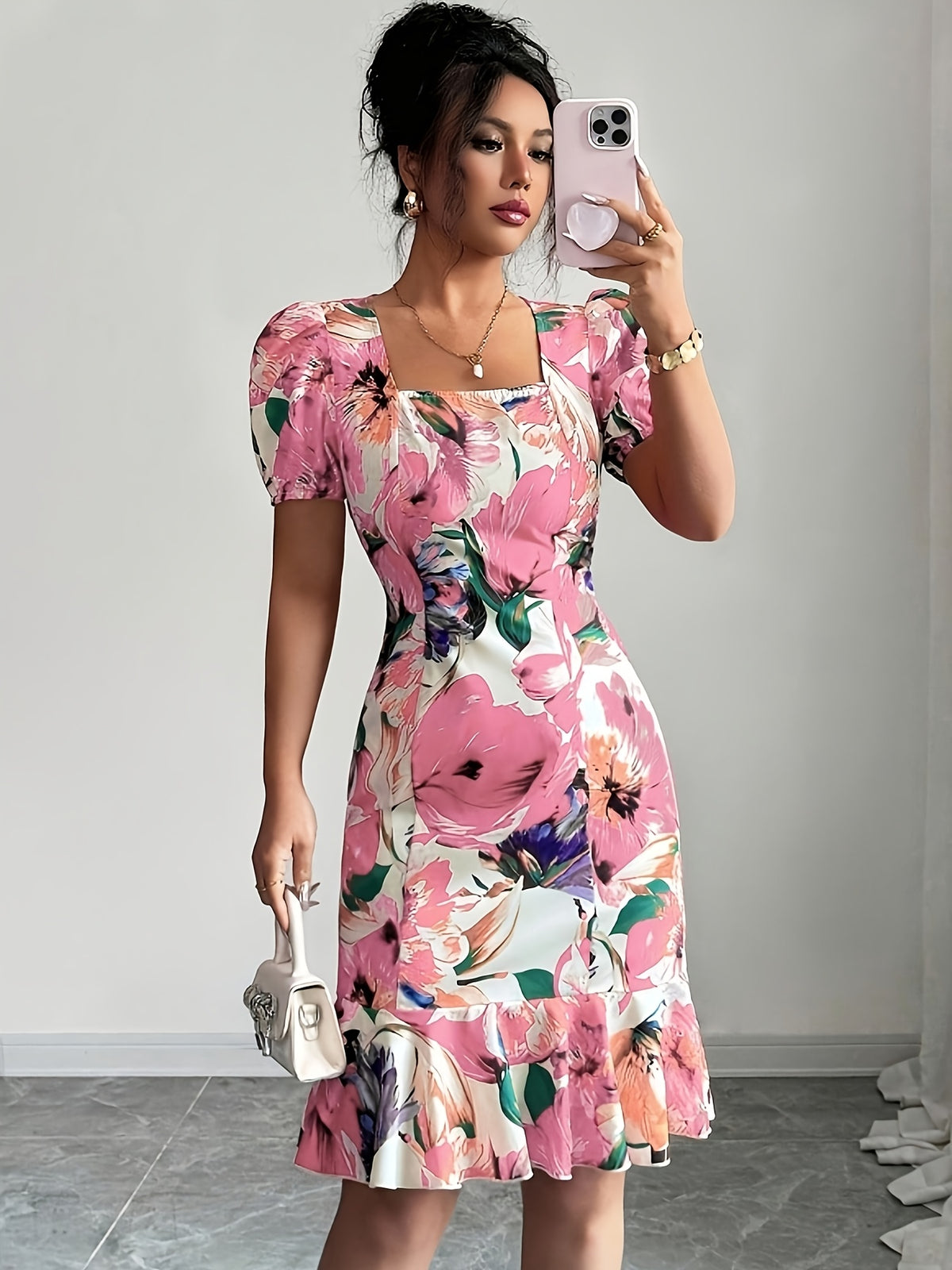 Elegant Square Neck Puff Sleeve Cinched Waist Ruffled Retro Vacation Floral Dress