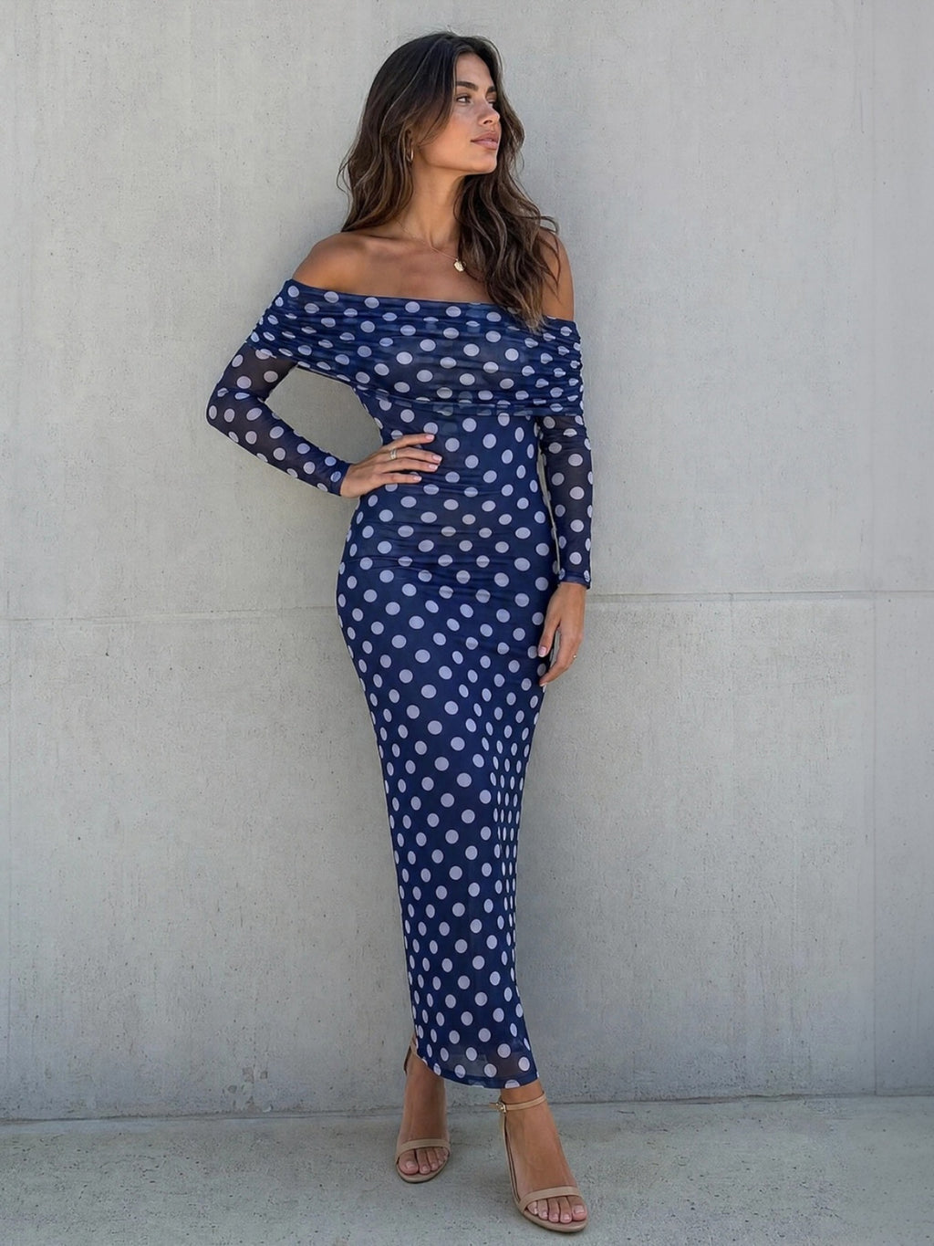 Women's Off Shoulder Polka Dot Mesh Midi Dress, Long Sleeve Ruched Bodycon Sheer Mesh Party Maxi Dress