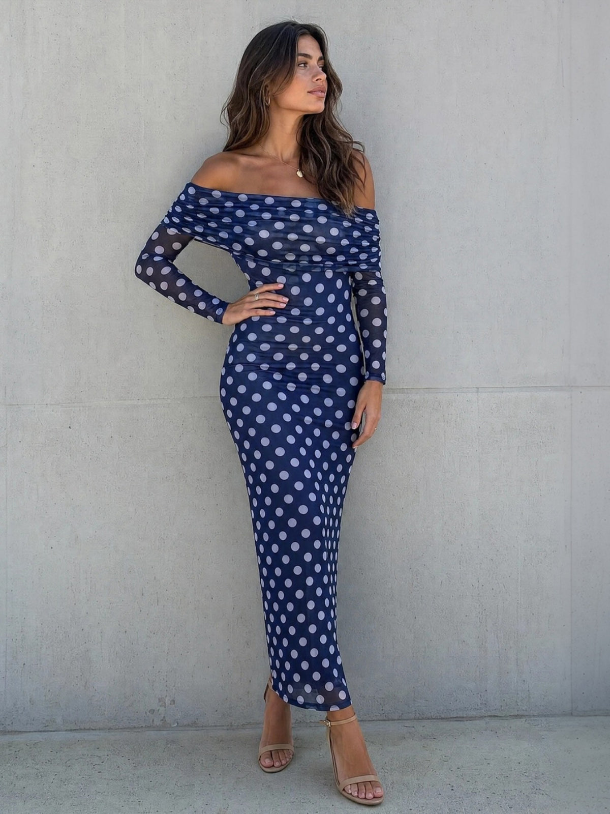 Women's Off Shoulder Polka Dot Mesh Midi Dress, Long Sleeve Ruched Bodycon Sheer Mesh Party Maxi Dress