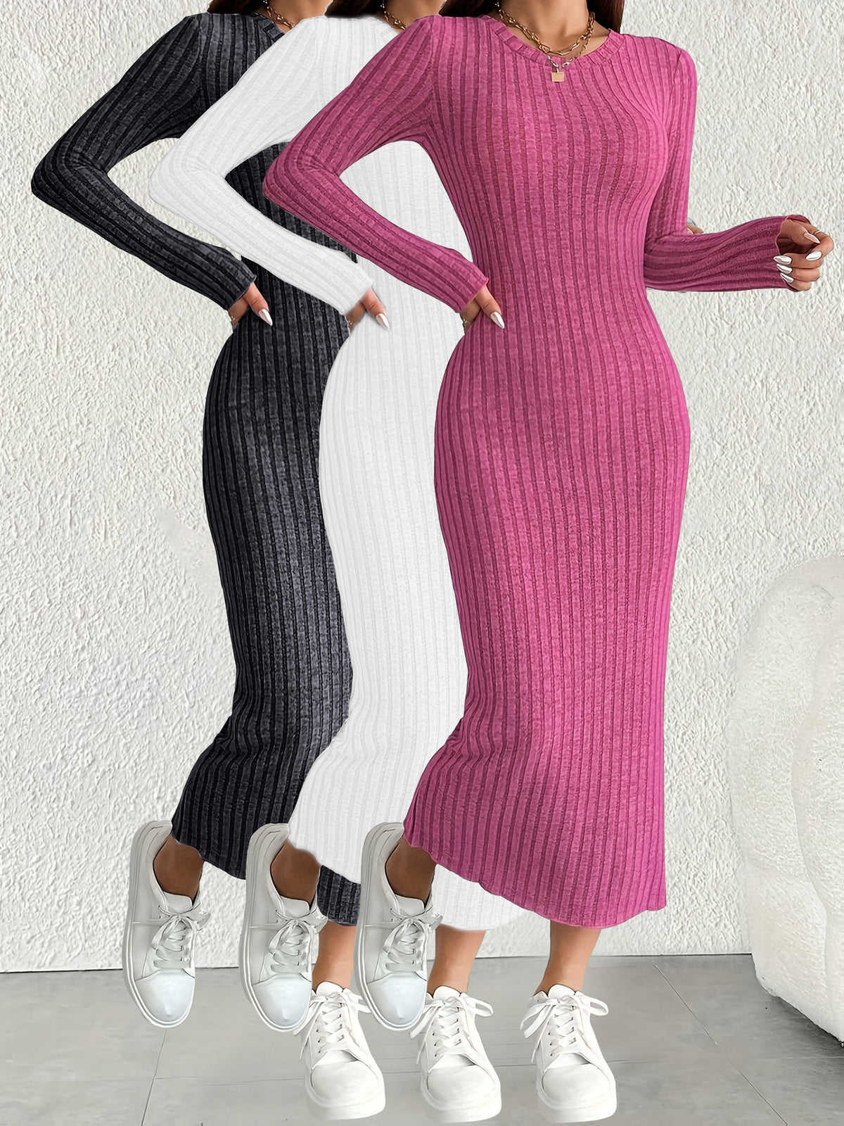 3pcs Solid Color Long Sleeve Ribbed Pullover Dress for Women